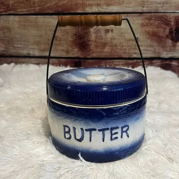 Vintage Blue and White Cow Butter Crock Glaze Stoneware w Lid and Wood Handle - Picture 2 of 5